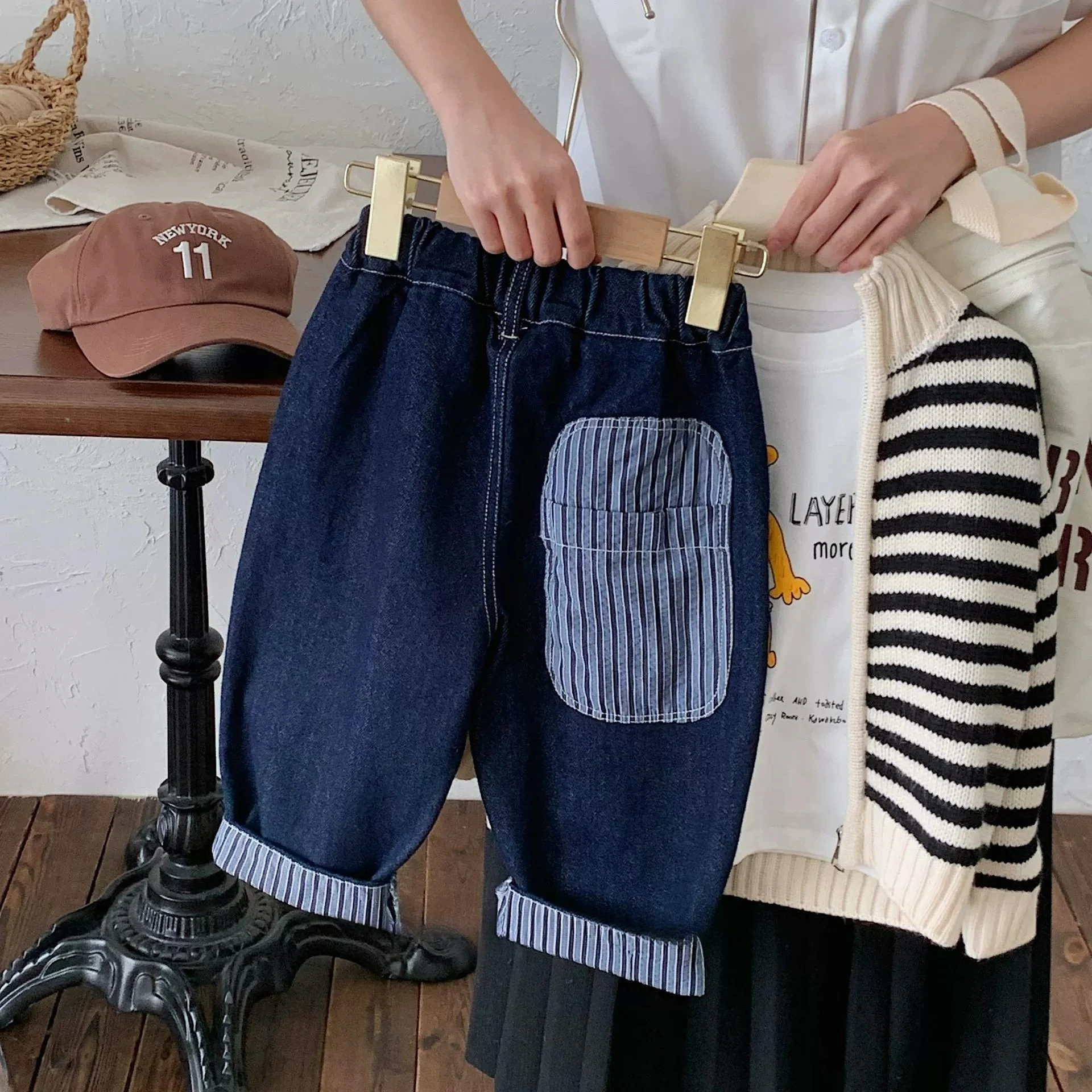 2026 Children's Pants Spring New Boys' Korean Japanese Stye Kids Striped Pocket Patch Loose Straight Leg Baby Jeans