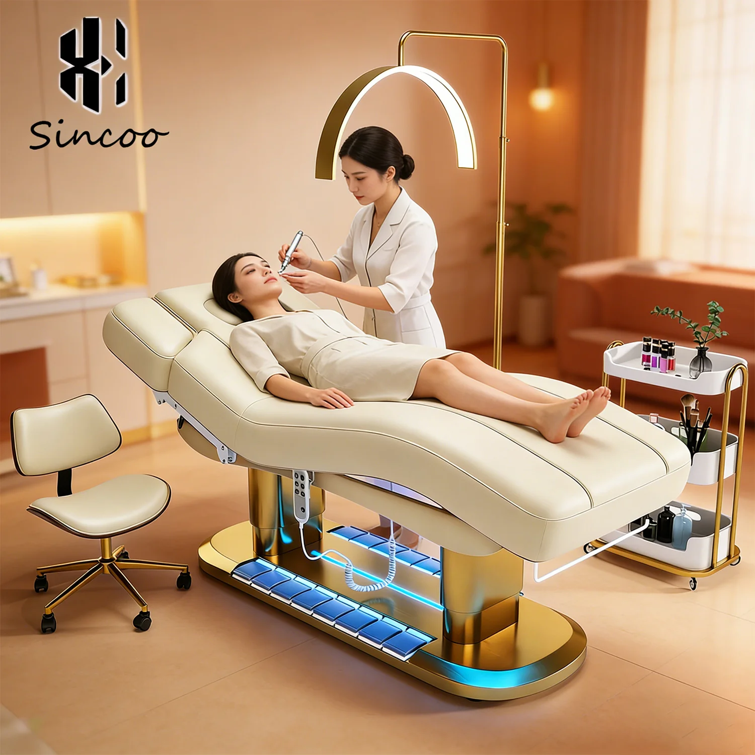 

Newest Design Adjustable Massage Table 4 Motors Electric Beauty Spa Heated Bed Modern Facial Eyelash Examination Table