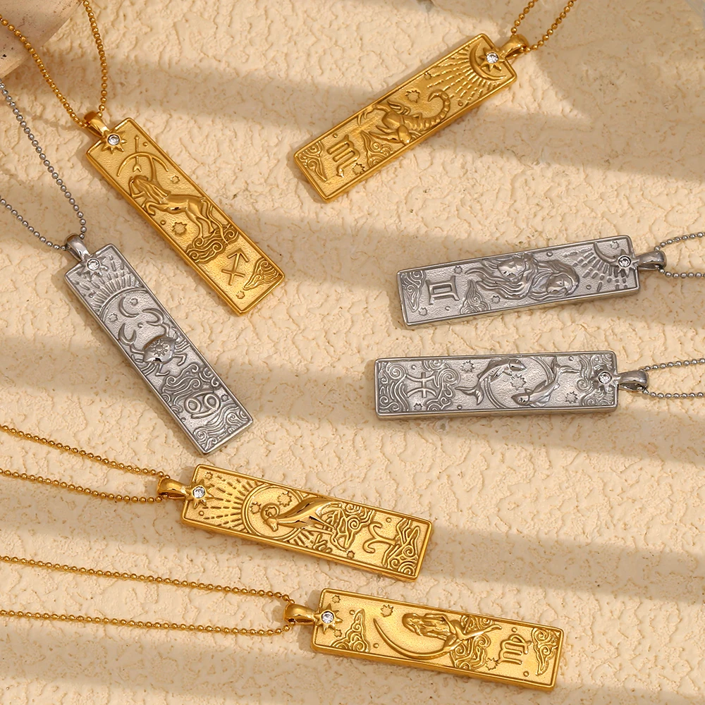 E.B.belle 18 Karat vergoldete rechteckige Form 12 Sternbild-Anhänger-Halskette aus Edelstahl, wasserdicht, modischer Damenschmuck – Detail 3