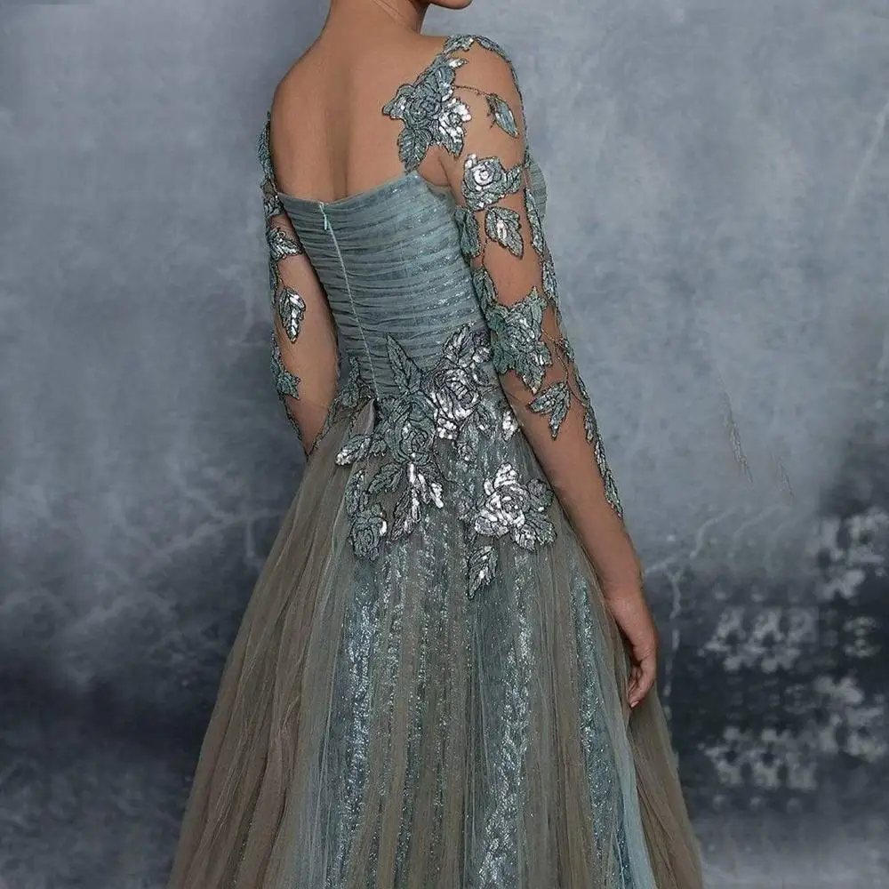 Luxe A-lijn Avondjurken Sweetheart Pailletten Applicaties Galajurken Op maat gemaakte lange mouwen Sweep Trein Speciale gelegenheidskleding