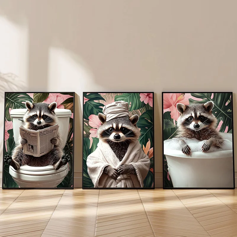 3PCS Raccoon On Toilet Print  Cute Bathroom Decor Poster  Gallery Wall Art   Home Wall Decor  Canvas Paintings For Room Decor