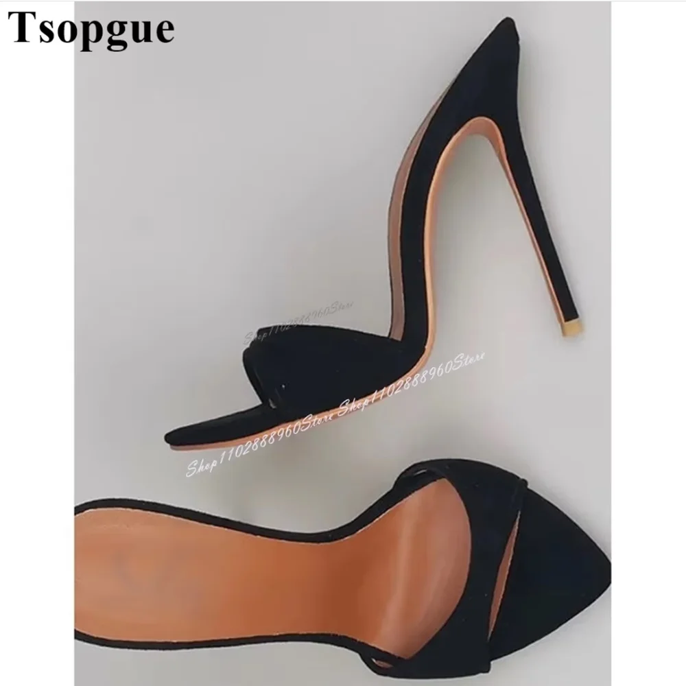 

Simple Style Black Flock Shallow Pointy Slippers Cut Heel Thin High Heel Shoes For Women Open Toe Casual Elegant Party Slippers