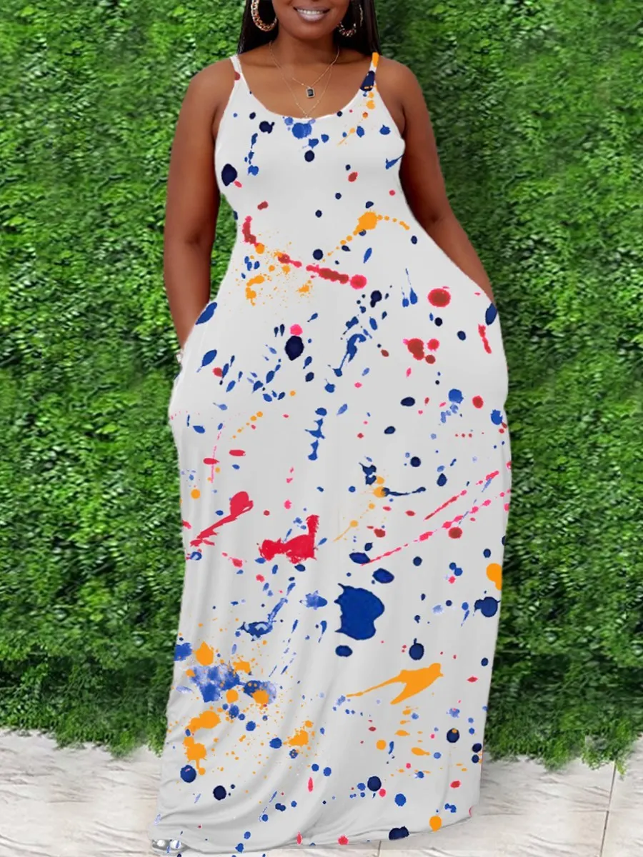 LW 플러스 사이즈 보호 드레스 U 넥 스플래시 잉크 디자인, 흰색 바닥 길이 스파게티 스트랩, 느슨한 민소매 해변 여름 복장