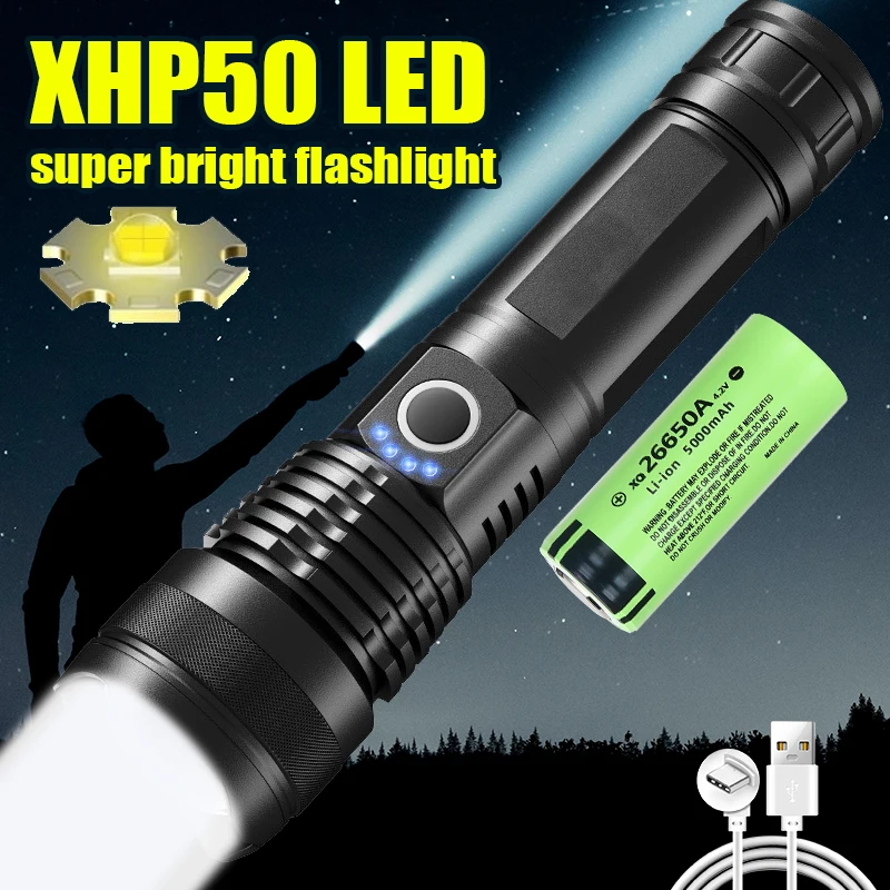 High Power XHP50 Led Flashlight Rechargeable 4 Core Torch Zoom Usb Hand Lantern For Camping, Outdoor & Emergency Use