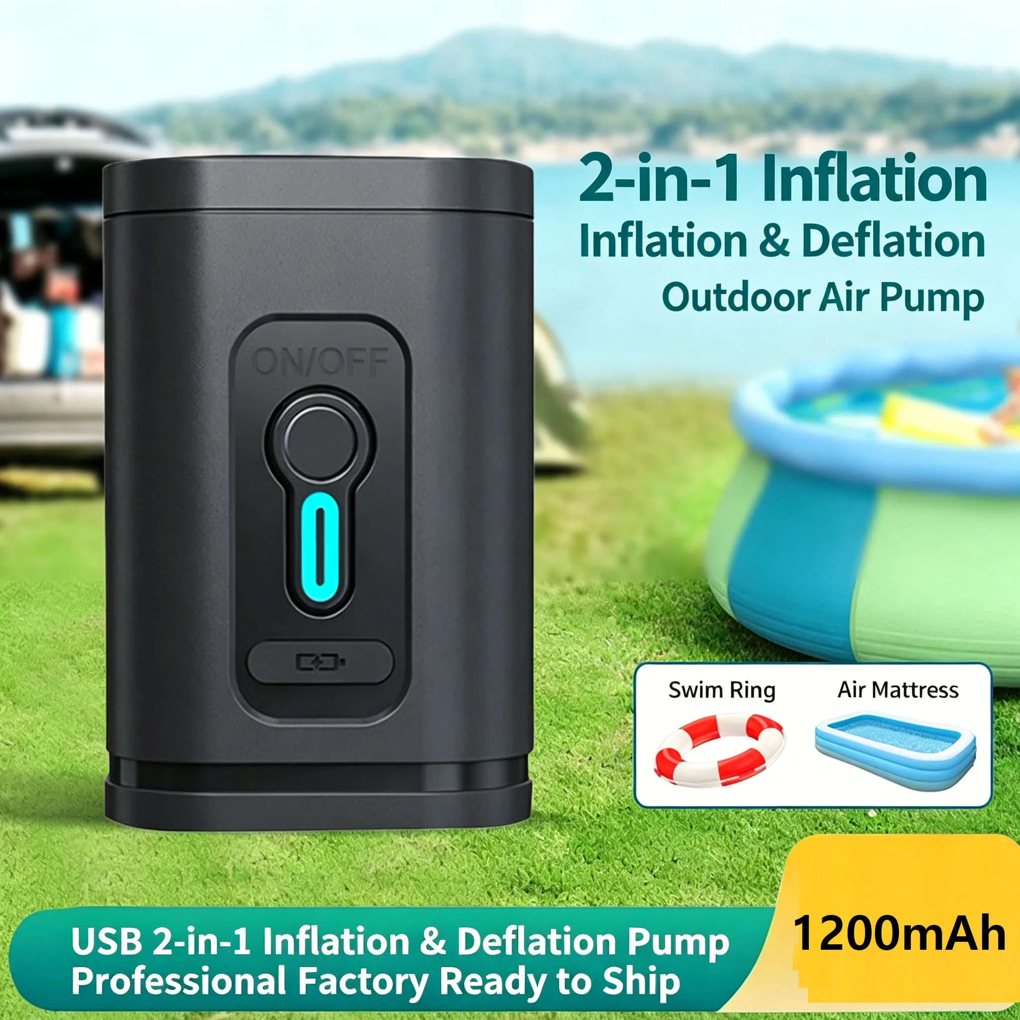 USB Rechargeable Portable Air Pump 2-in-1 Inflator & Deflator Mini Electric Air Pump With 5 Nozzles 1200mAh Cordless Air Pump