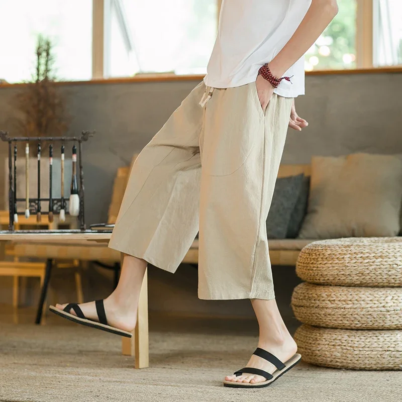 Chinese Style Men Linen Pants Men Wide Leg Trousers Male Drop Crotch HipHop Man Joggers Calf-Length Pants Track Pant Streetwear