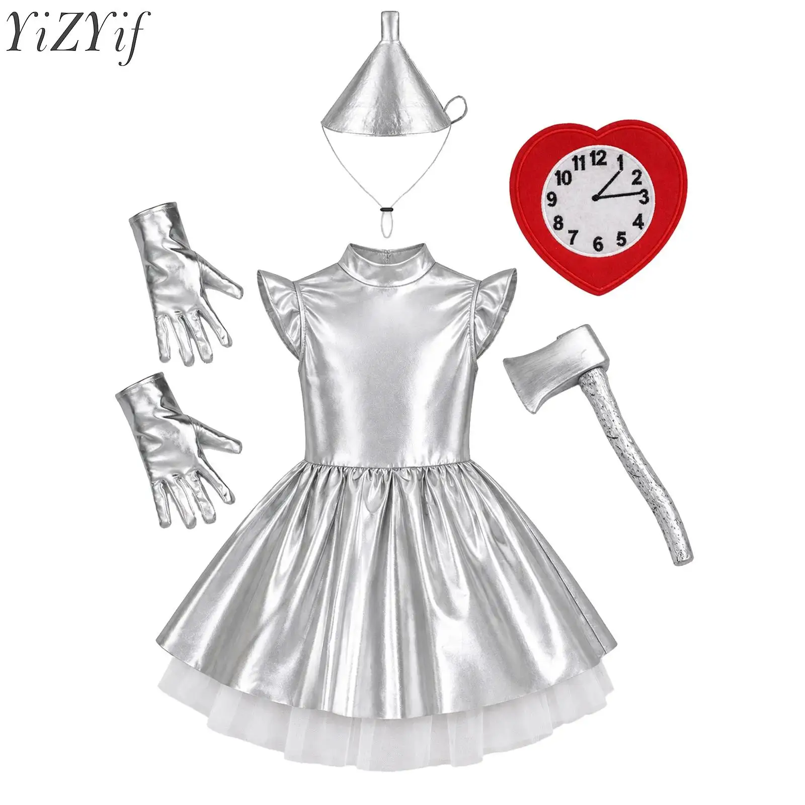 Kids Girls Tin Cosplay Costume Halloween Carnival Roleplay Party Dress Flying Sleeve Ruffled Tutu Dress with Hat Axe Gloves Sets