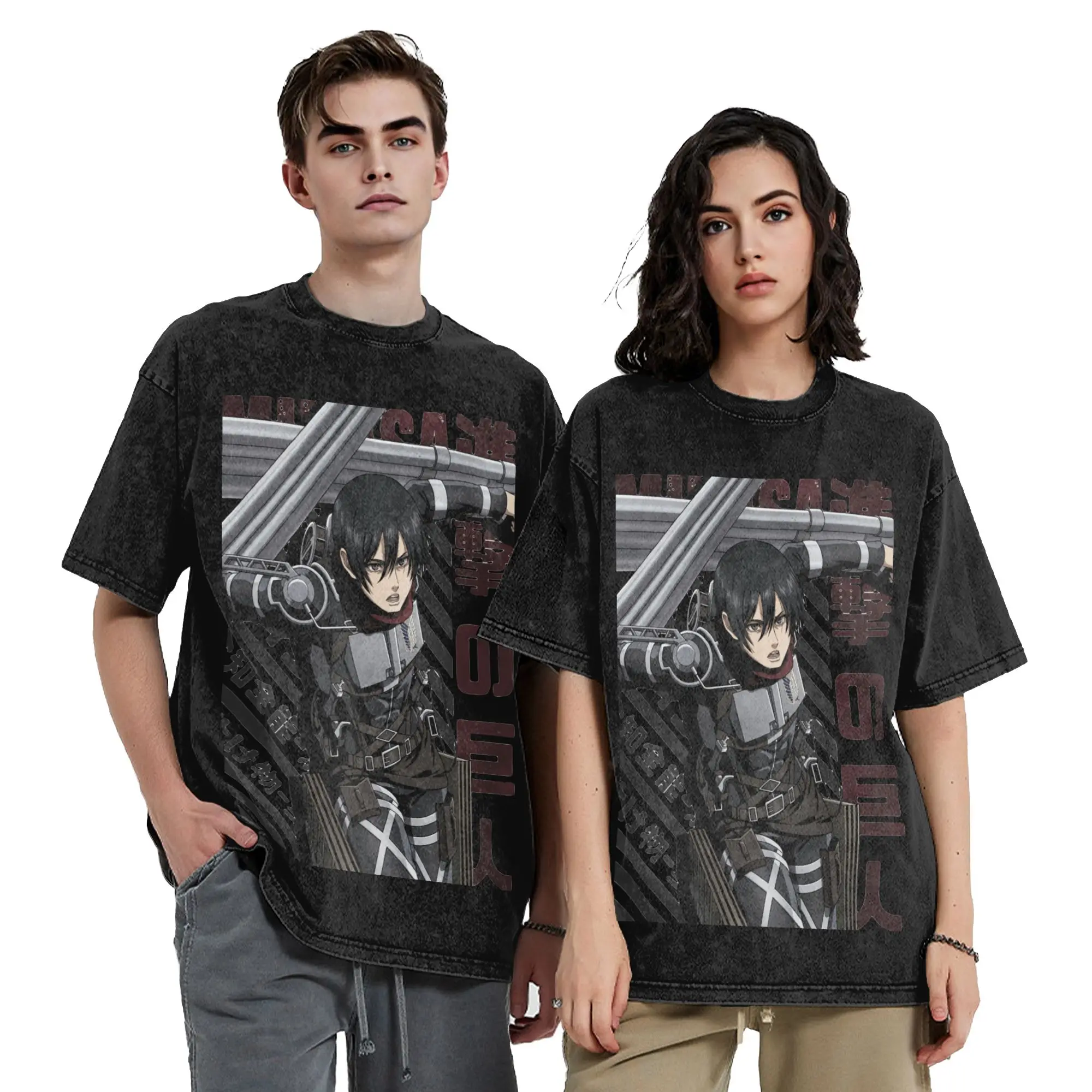Washed T Shirts Shingeki no Kyojin Mikasa Ackerman Attack on Titan T-Shirt Streetwear Short Sleeve Graphic Tees for Men Women
