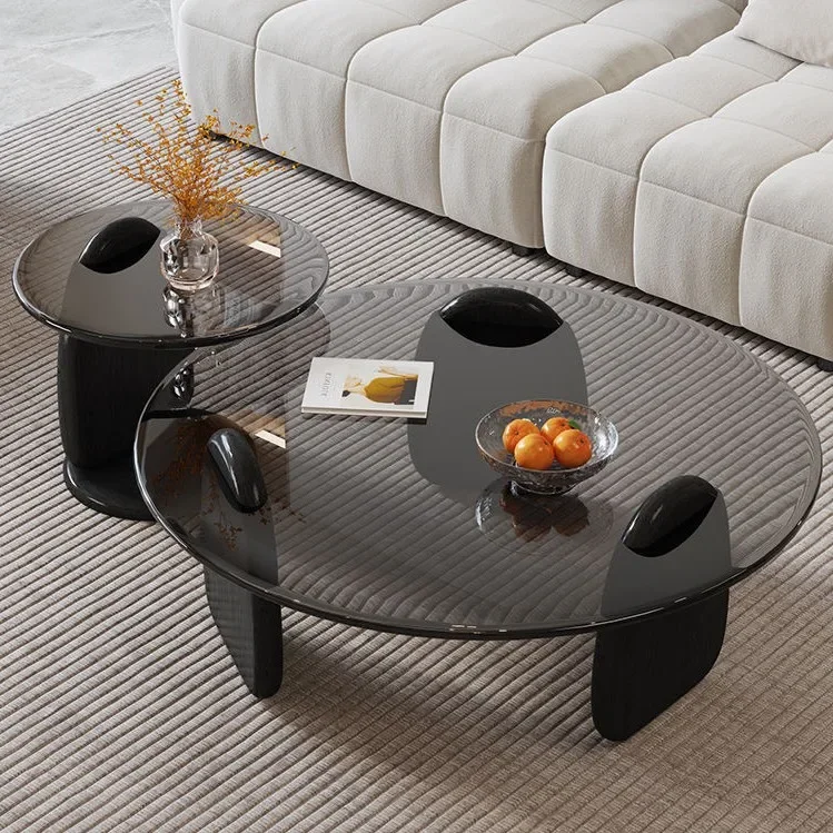Round coffee table with tempered glass top and sturdy legs, suitable for living room, dining room and office decoration