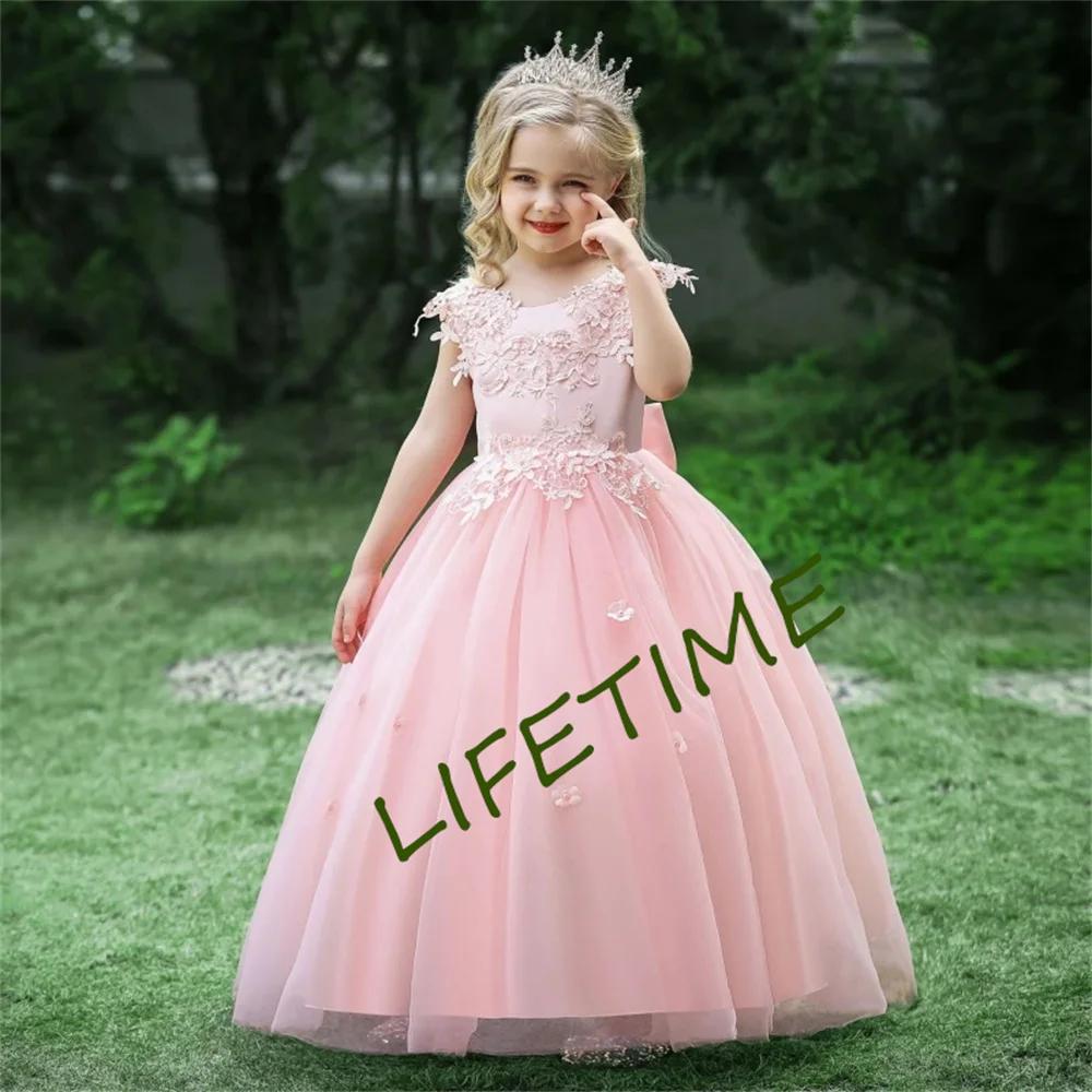 Robes bouffantes en tulle avec nœud pour filles, appliques simples, fleur, mariage, anniversaire charistique, fête, première année, enfant