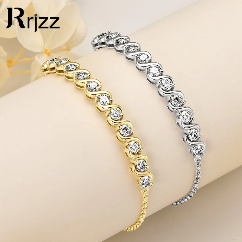 

Rrjzz Exquisite 925 Pure Silver Women Chain Bracelet 2mm All Moissanit Engagement Bracelets with GRA for Female Wedding Jewelry