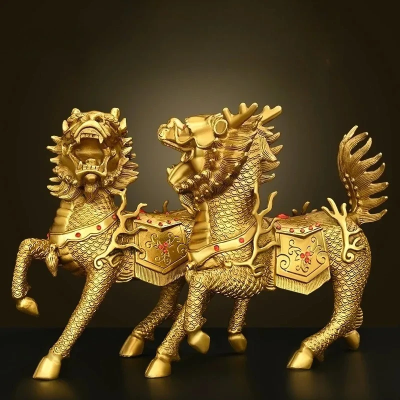 2pcs Golden Kylin Statue Pair Chinese Feng Shui Qilin Ornament Inlaid Gem Lucky Beast Figurine Home Office Desktop Decor Gift