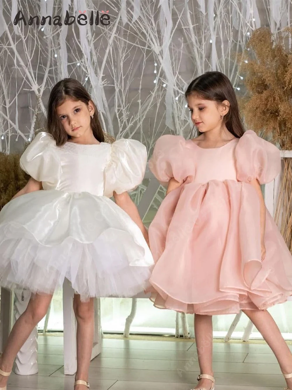 Annabelle Flower Girl Dress Yarn Bubble Sleeved lunghezza al ginocchio abiti gonfi per le donne Party Wedding Evening