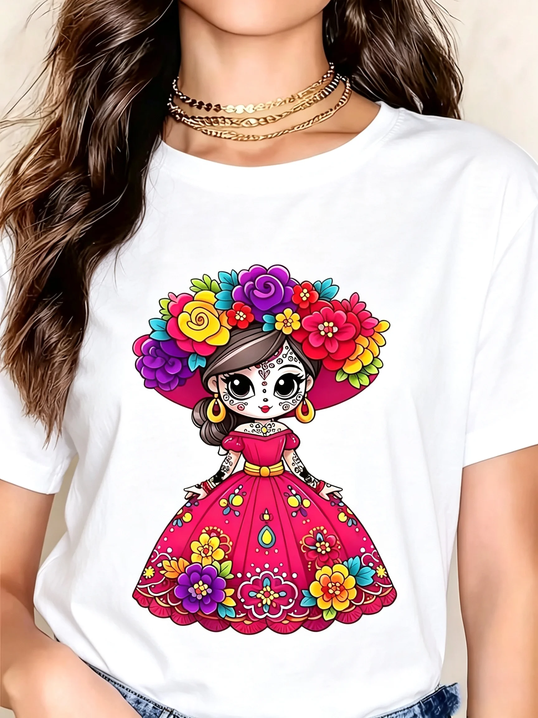 Women's Mexican Folk Art Sugar Skull T-Shirt - Pink Floral Print Round Neck Short Sleeve Top for Day of the Dead, for halloween & Fiesta Party Outfits, Casual Daily Wear, Breathable Comfortable Mexican Costume Apparel