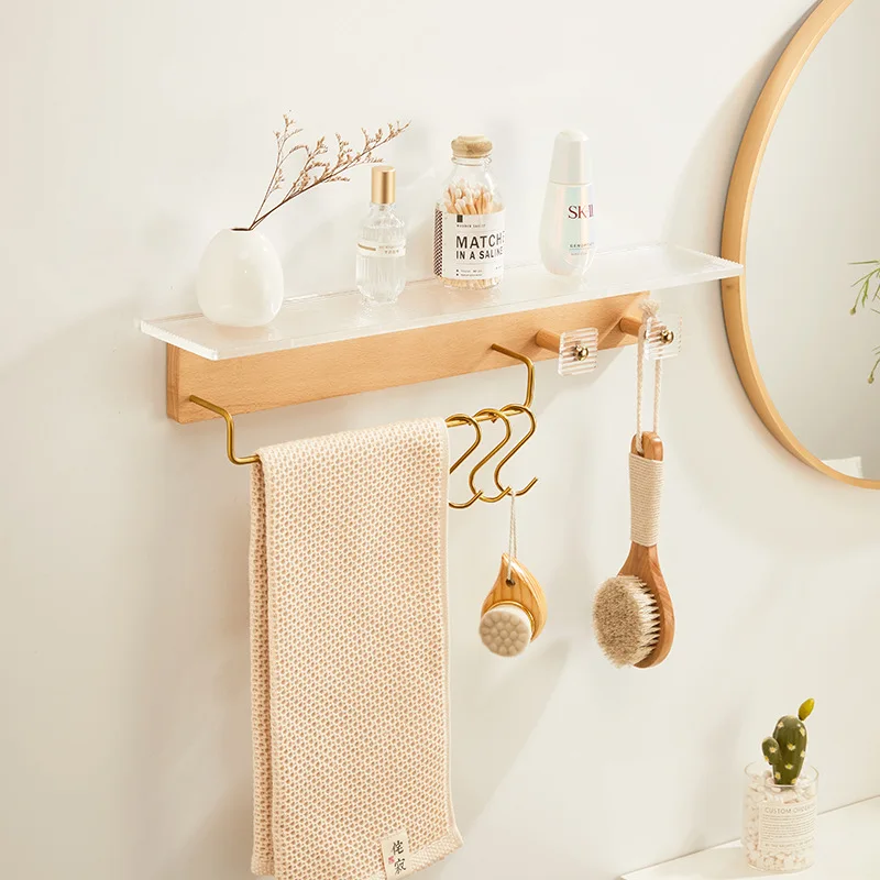 Walnut wood storage table in the bathroom, acrylic towel hooks in the bathroom, foyer, washbasin mirror, front shelf without pun