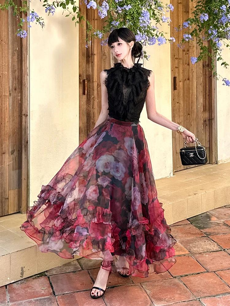ReddaChic Halter Top Maxi Skirt Women Matching Set Summer Rose Printing Swing Skirt Ruffled Lace Bodysuit Top Vintage Clothes