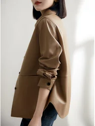 Brown Long Sleeve Button-up Jacket Faux Leather Shirt with Pockets Lapel Versatile Top Coat Autumn/Winter Woman Clothing