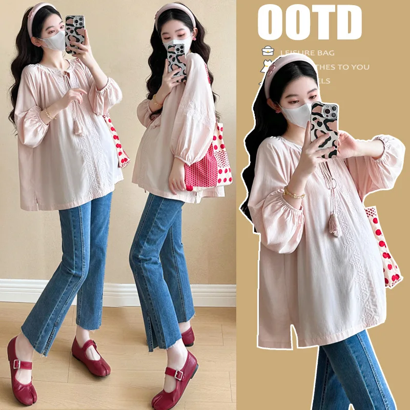 Maternity Top 2025 Autumn New Korean Style Loose Versatile Minimalist Cute Lantern Sleeve Babydoll Blouse Mid Length Shirts