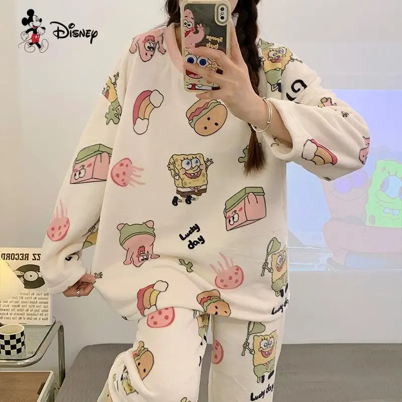 الفتيات الجديدة الدافئة طويلة الأكمام منامة مجموعة Kawaii المرأة سميكة السراويل ملابس المنزل الطلاب الكورية موضة قطعتين القمم