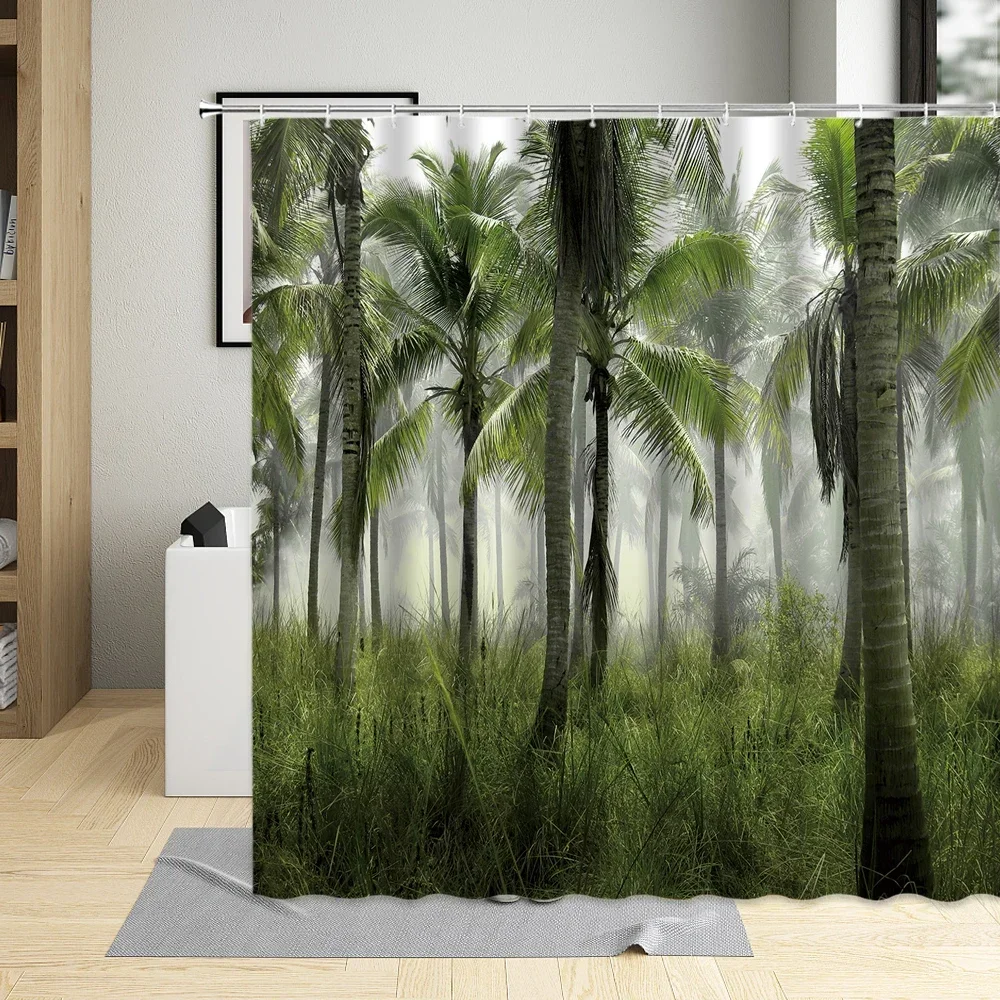 

Green Plants Scenery Bathroom Curtains Beach Coconut Tree Shower Curtain Waterproof Polyester Bathtub Decor Screen With Hooks