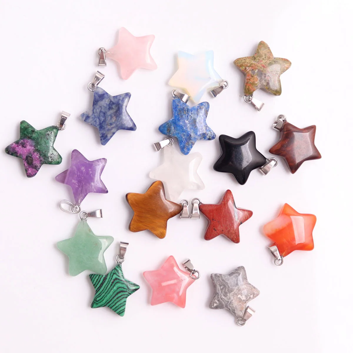 

20pcs/ Bag Hot selling multi style natural crystal stone star moon water droplet horse eye heart-shaped hexagonal pendant