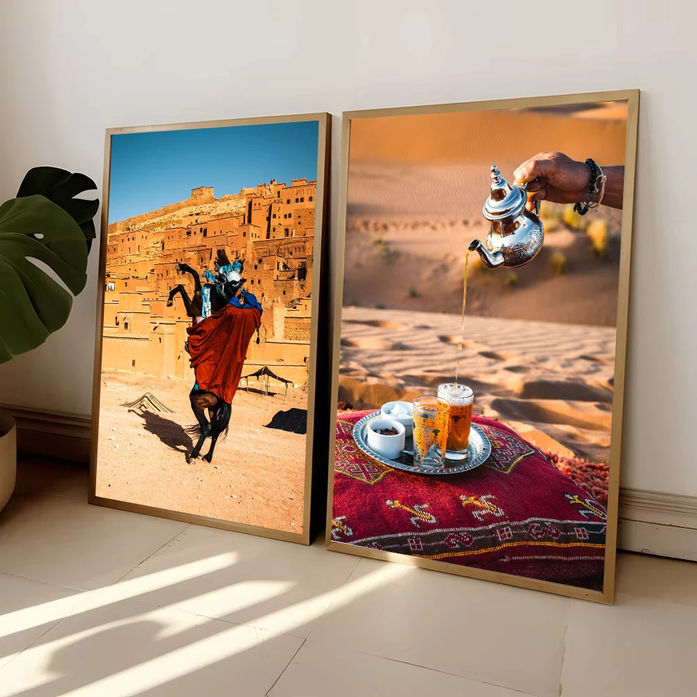 Camel Desert Posters Nordic Morocco Blue Door Architecture Canvas Painting Art Pictures Print Living Room Home Decoration