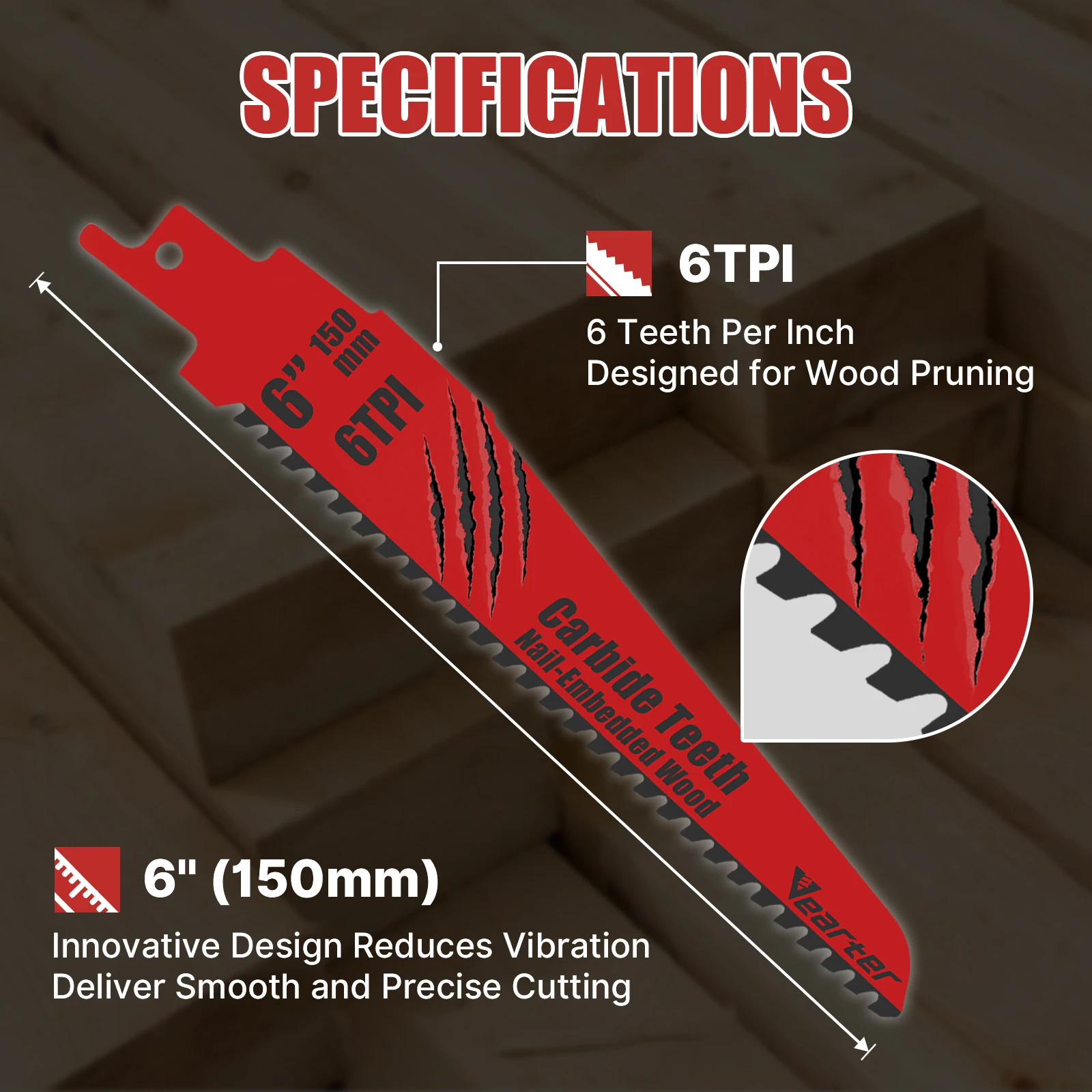 Vearter 3PCS 150mm(6'') 6PTI Carbide Tipped Saber Saw Blade, Durable for Hardwood and Metal Removal Jobs