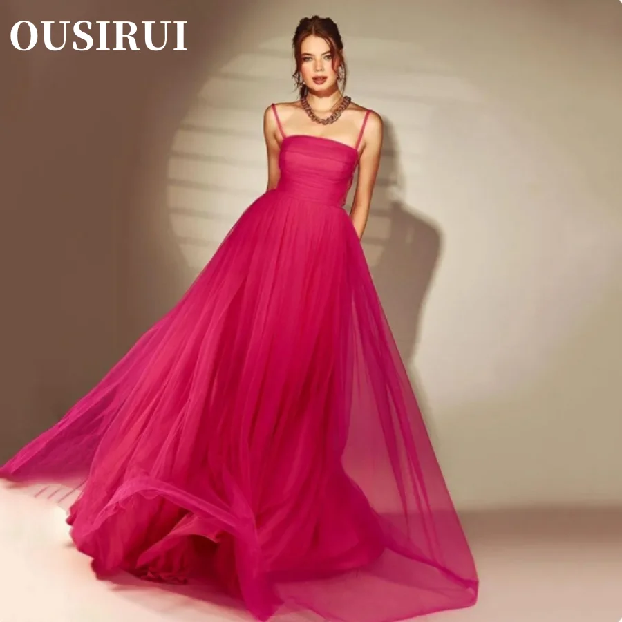 

OUSIRUI плиссированное платье без рукавов на тонких бретельках для выпускного вечера, свадебные розовые вечерние платья, элегантные вечерние платья из тюля цвета фуксии