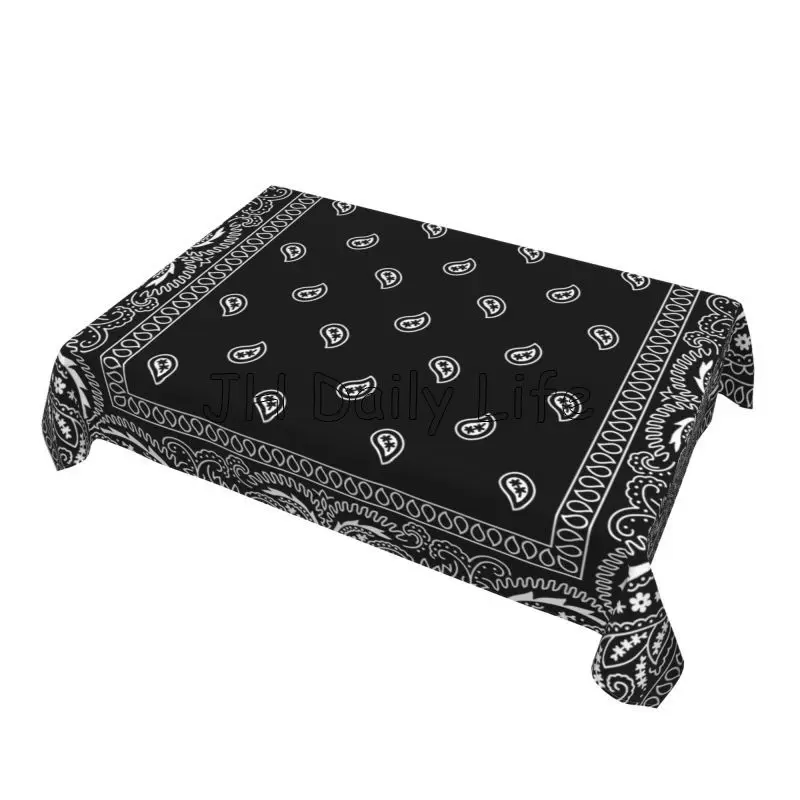 Colorful Paisley Black Bandanna Border Scarf White Rectangle Tablecloth Washable Polyester Table Cloth for Kitchen Dining Decor