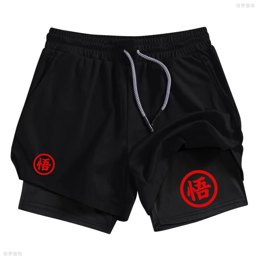 

Шорты для бега с аниме-принтом, мужские спортивные шорты 2-в-1 для фитнеса и тренировок в тренажерном зале, быстросохнущие двухслойные шорты для занятий спортом и бега.