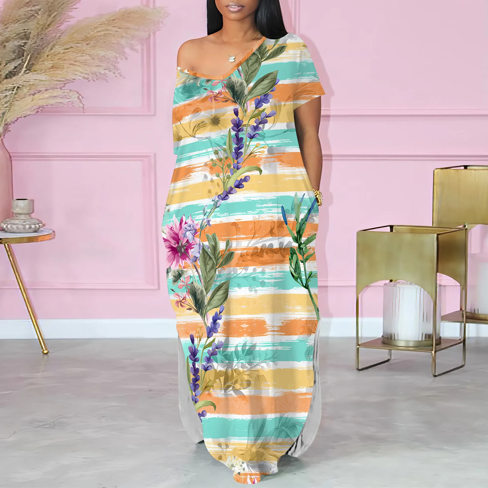 Damska letnia modna, drukowana sukienka z krótkim rękawem i dekoltem w szpic dla kobiet Luźna sukienka z dwoma rozcięciami z boku Casual Maxi Dress With Pocket