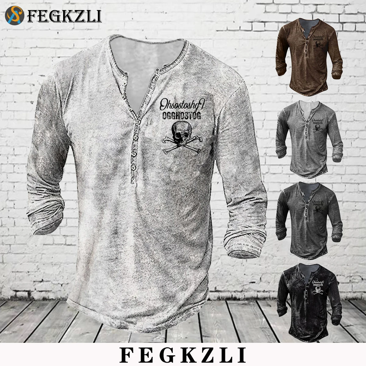 

FEGKZLI Men's Autumn Long Sleeve T Shirts Oversized Skull Printed Tops Punk Style Vintage V Collar 3D Printed Tees Tops