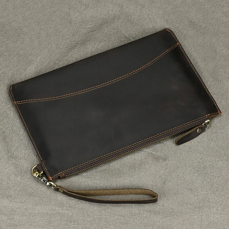 حقيبة يد من الجلد الطبيعي للرجال، حقيبة يد من جلد كريزي هورس، تخزين مسطح، محفظة أعمال ذات سعة كبيرة