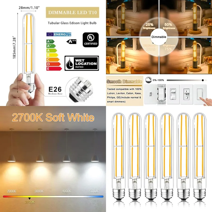 

7. E26 Led Bulb Dimmable, Edison Bulbs 800LM, Equal 80 Watt Tubular T10 T Long Clear Glass Light Bulb for Rustic Pendant Pipe W