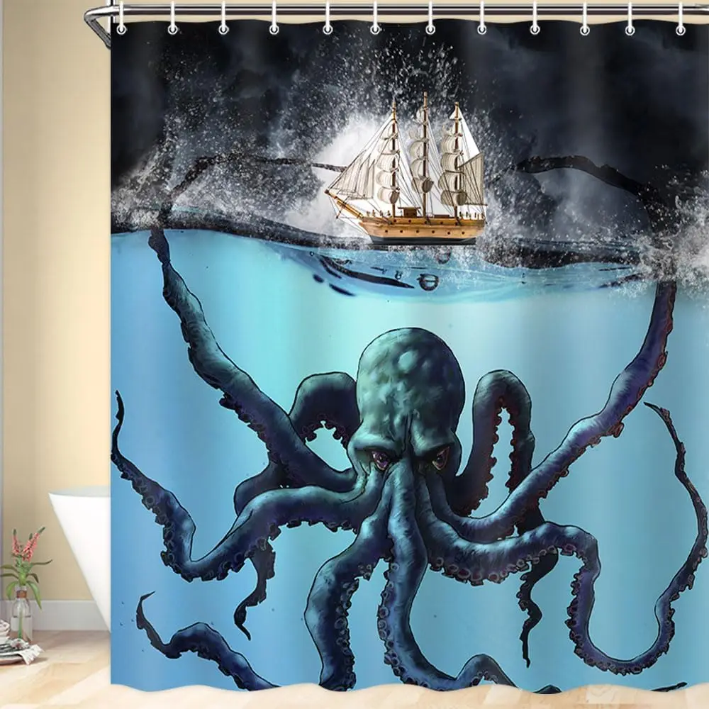 

Black Nautical Octopus Shower Curtain Funny Ocean Kraken Tentacles Attack Pirate Ship Cool Bathroom Decor Hooks