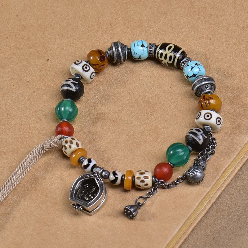 

Tibetan-stylecultural trinket multi-treasure bracelet gahoo box pendant recycled bone Tibetan bead agate Tibetan silver bracelet