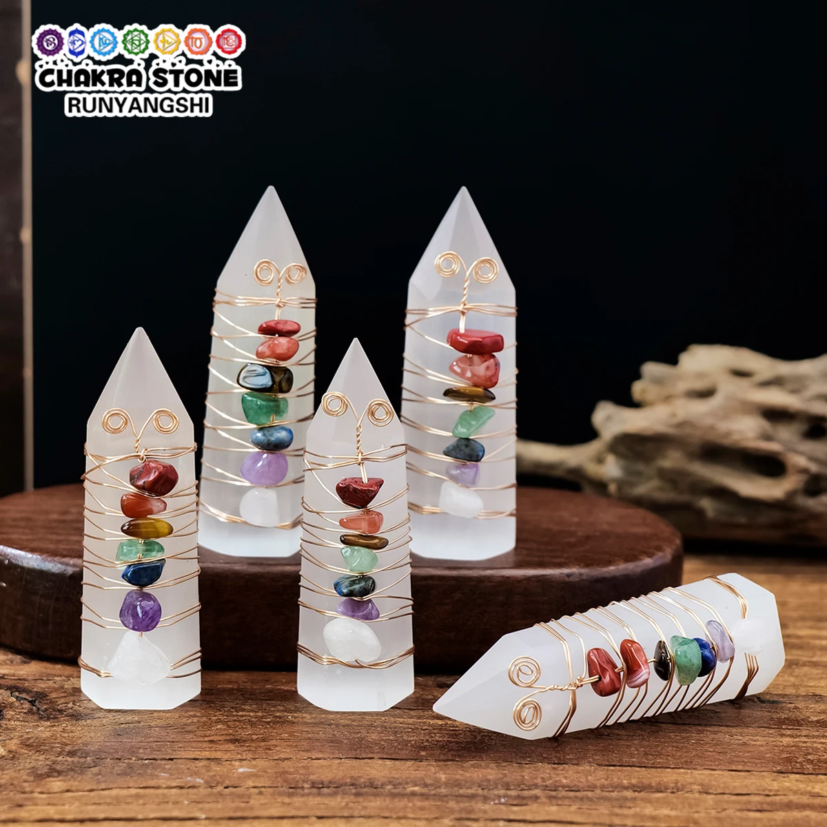 1pc Polished Selenite Single Point Wand with 7 Chakra Tumbled Stones, Natural Hexagonal Crystal Tower Decor for Home & Office