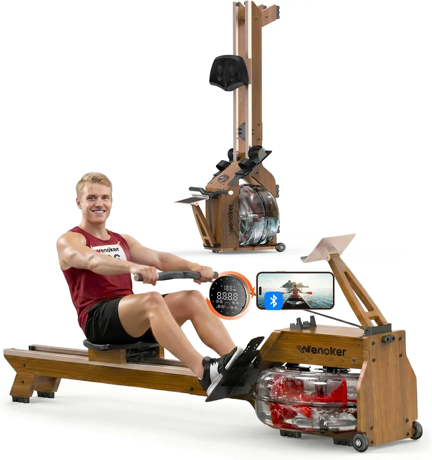 Wenoker Water Rowing Machine, Foldable Saving, Immersive Water Rower 22L Large Leak-Proof Tank, Water Resistance Adjustment, Monitor & Bluetooth,350LBS Weight Capacity,Premium Solid Wood Frame