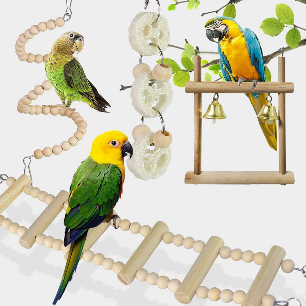 8PCS Random Bell Bird Toys for Parakeets, Parrot Swing Chewing Hanging Standing Wooden Toys Bird Cage Accessories