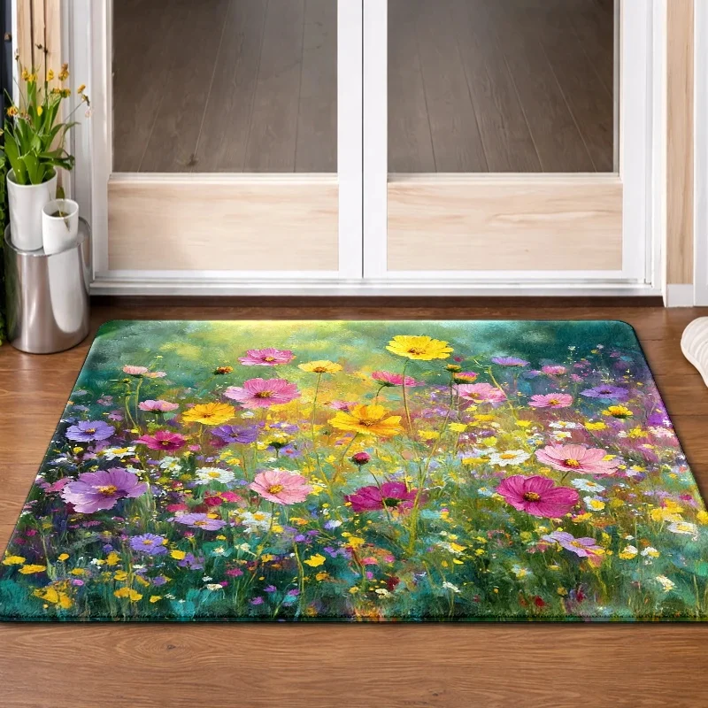 Vibrant Watercolor Floral Garden Meadow Area Rug Colorful Spring Flower Runner for Living Room Hallway Bohemian Cottage Style Ho