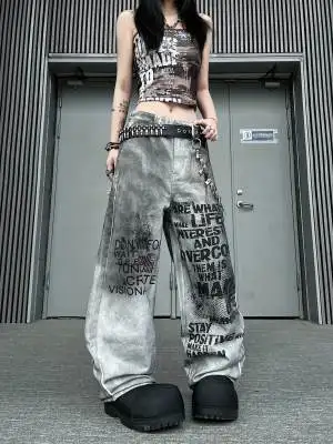 Ripped Letter Print Loose Straight Leg Jeans Women's Design Punk Vintage Wide Leg Pants Casual Straight Cut Jeans Youth Fashion