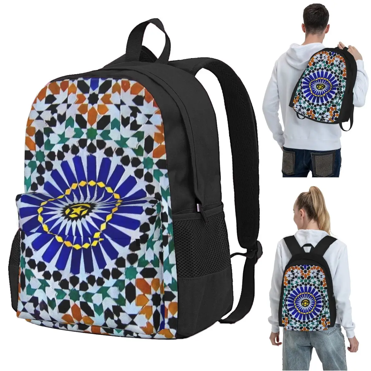Arabic Tiles Moroccan Mosaic Backpack Student BookBag Kids School Bag Computer Shoulder Bags for Men Women