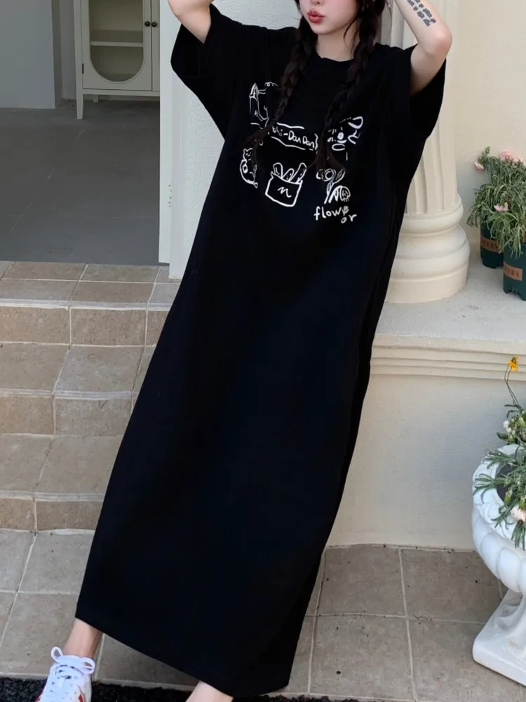 ฤดูร้อน Oversize พิมพ์ T เสื้อผู้หญิงขี้เกียจ Oaf ชุดผู้หญิงเกาหลีหลวม Elegant Vintage สุภาพสตรีชุดผู้หญิง Vestidos