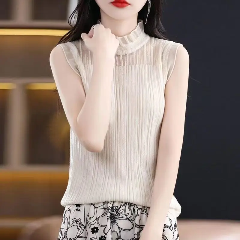 

Hollow Out Lace Summer Women Tank Top Fashion Versatile Simple Half High Neck Solid Casual Sleeveless Slim Bottoming Knit Vest