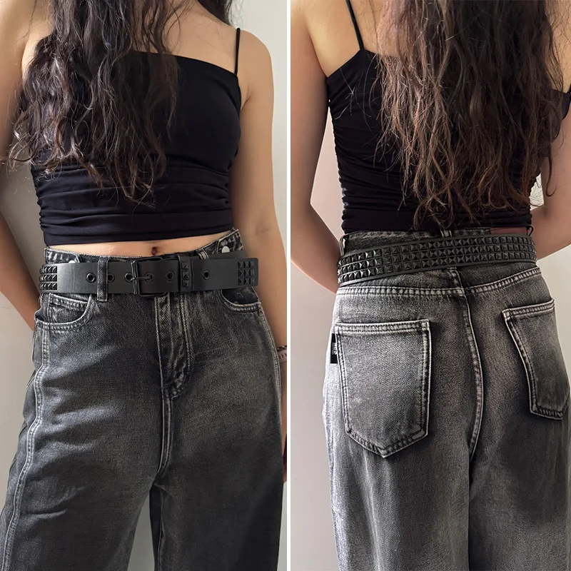 블랙 패션 라인 석 리벳 청바지 벨트 남성 남성 & 여성의 박힌 벨트 여성 펑크 핀 버클 고딕 액세서리 Y2K 벨트