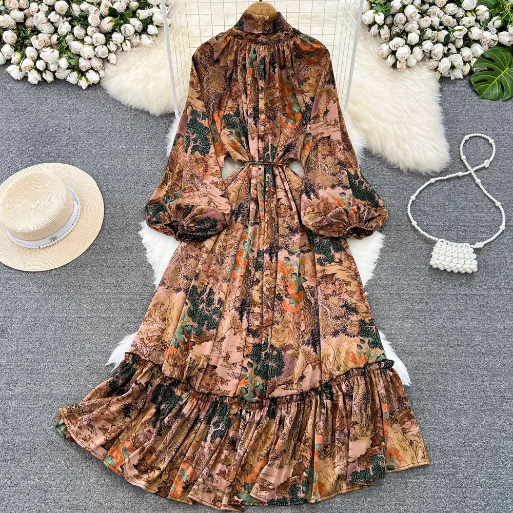 Spring Autumn Vintage Style Floral Print Dress Women Bow Tied Collar Lantern Sleeve Lace-up Slim Waist A Line Long Holiday Dress