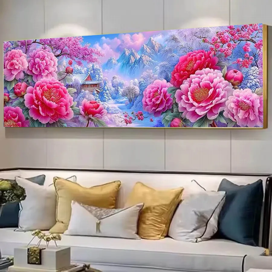 

Алмазная мозаика DIY: Розовые пионы, Алмазная вышивка, Зимний пейзаж снежных гор, Полностью квадратные/круглые стразы, Китайский стиль