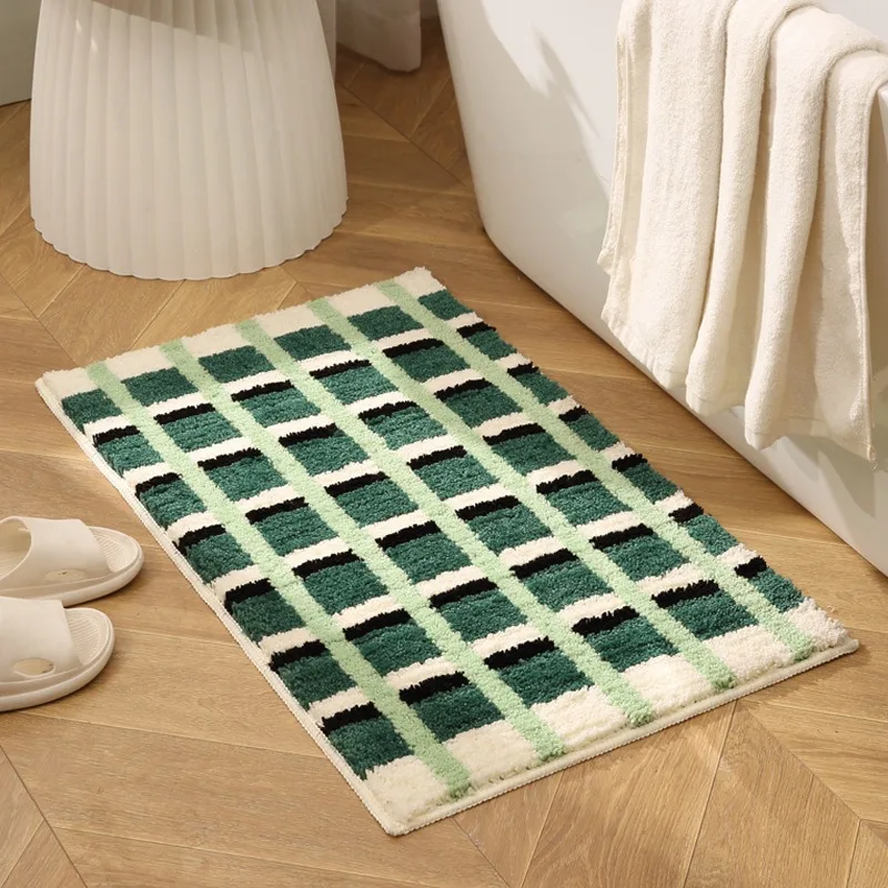 VIKAMA Grün-weiß karierter Badezimmerteppich, dreifarbiges Patchwork, geometrisches Muster, rutschfeste Badezimmermatte, Heimdekoration