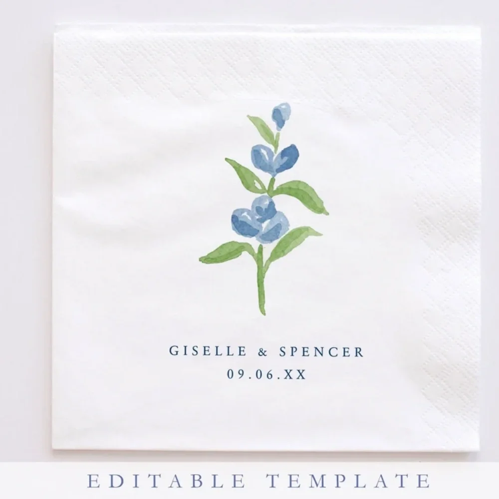 Custom Blue floral wedding napkin pemplatE,blue flower cocktail napkin,napkin template,editable blue wildflower napkin template