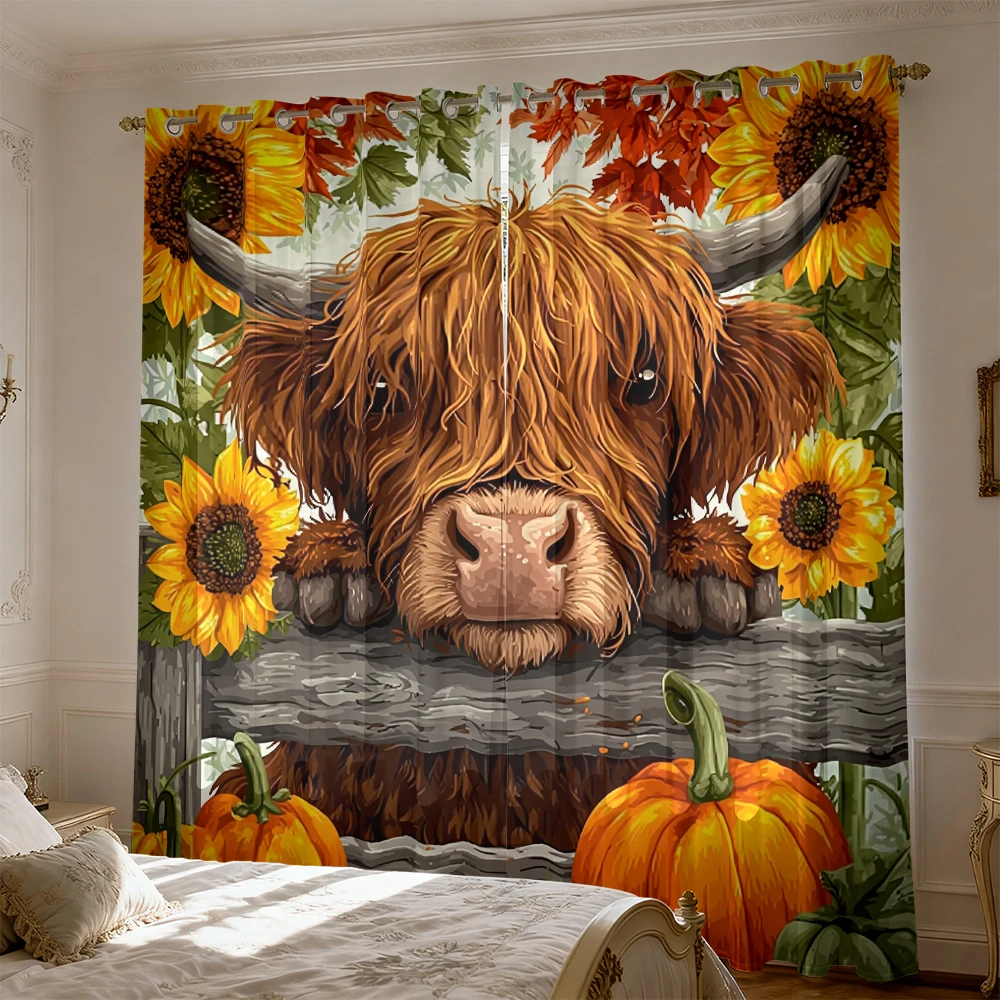 2pcs Highland Cow Sunflower Pumpkin Printed Double Curtains for Living Room and Bedroom, Perfect for Blocking Out Light